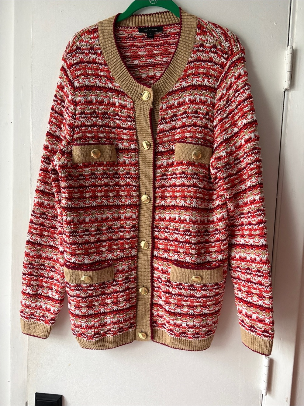 Ann Taylor Red, Cream & Tan Chunky Knit Cardigan